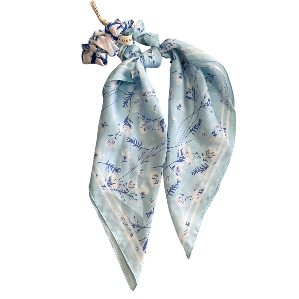 Anthropologie Floral Blue 2 Piece Hair Scrunchie silky Hair Scarf Bandana